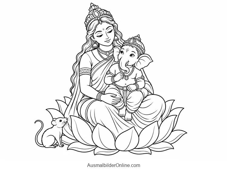 Der junge zweiarmige Ganesha sitzt auf dem Schoß seiner Mutter Parvati neben einer kleinen Maus