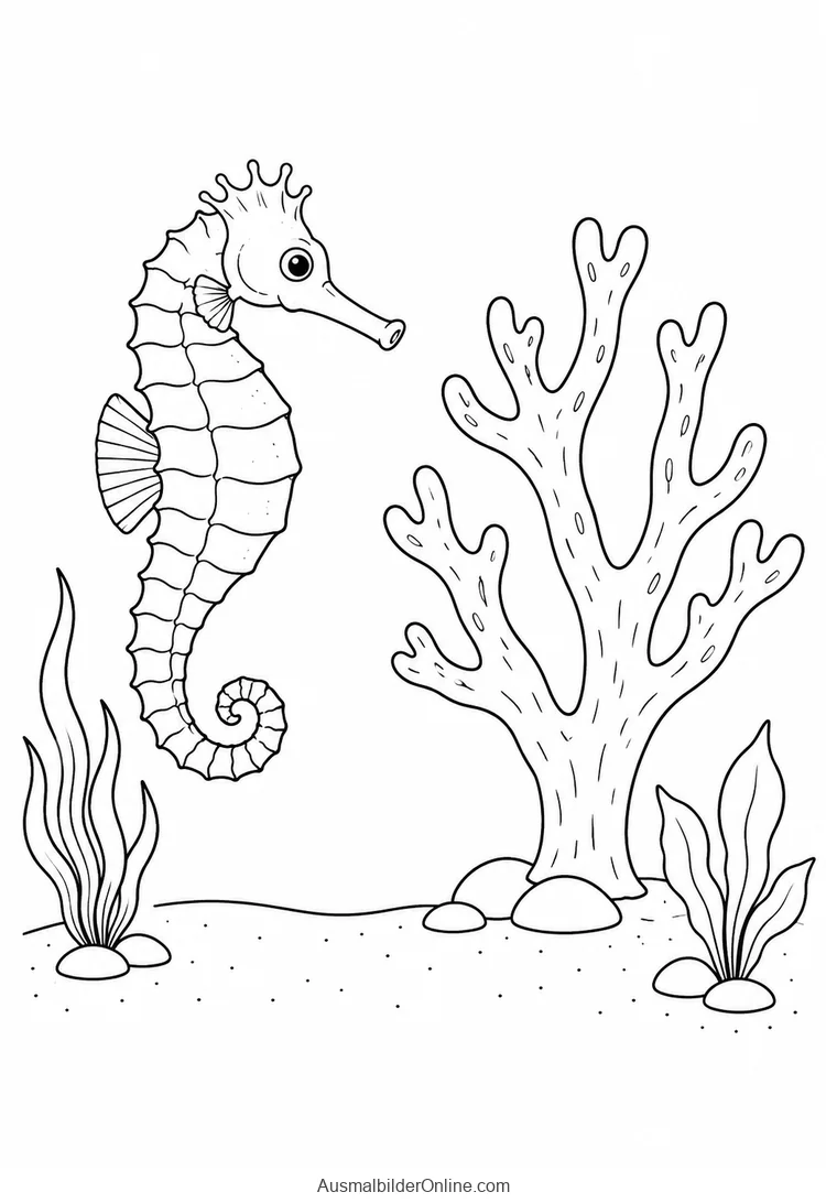 Seepferdchen schwimmt neben einer verzweigten Koralle und zwei Wasserpflanzen
