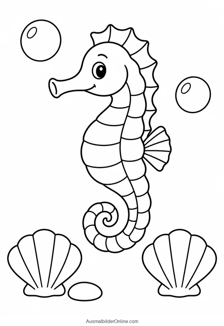 Seepferdchen schwimmt über zwei Fächermuscheln und einem kleinen Stein