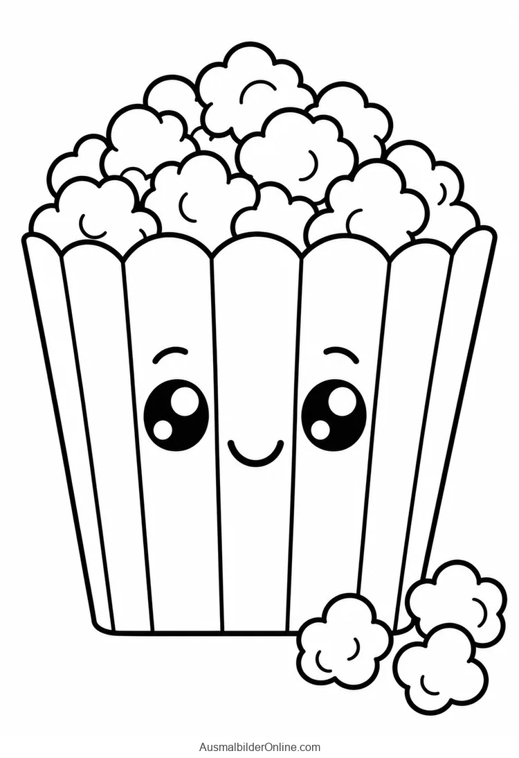 Lächelnder gestreifter Popcornbecher mit großen Augen und Popcorn