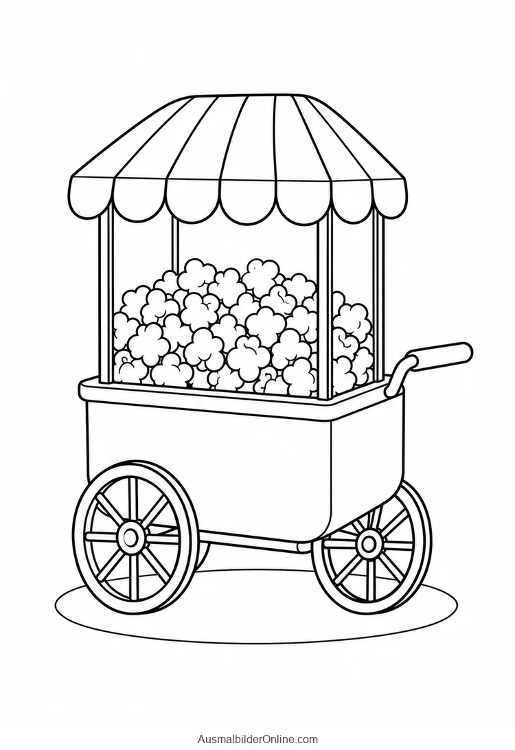 Popcornwagen mit zwei Rädern und gestreiftem Markisendach