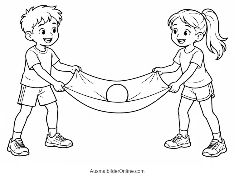 Ein Junge und ein Mädchen halten gemeinsam ein Tuch mit einem Ball darin