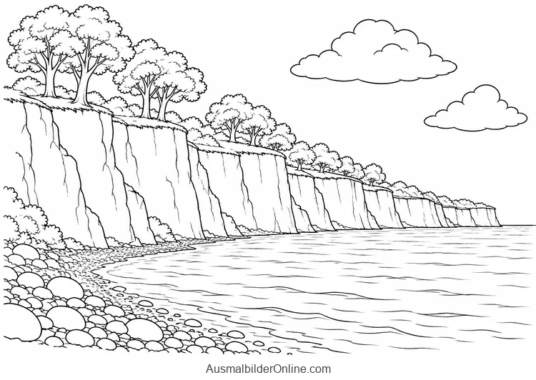 Hohe Kreidefelsen mit Bäumen säumen eine ruhige Bucht an der Ostsee