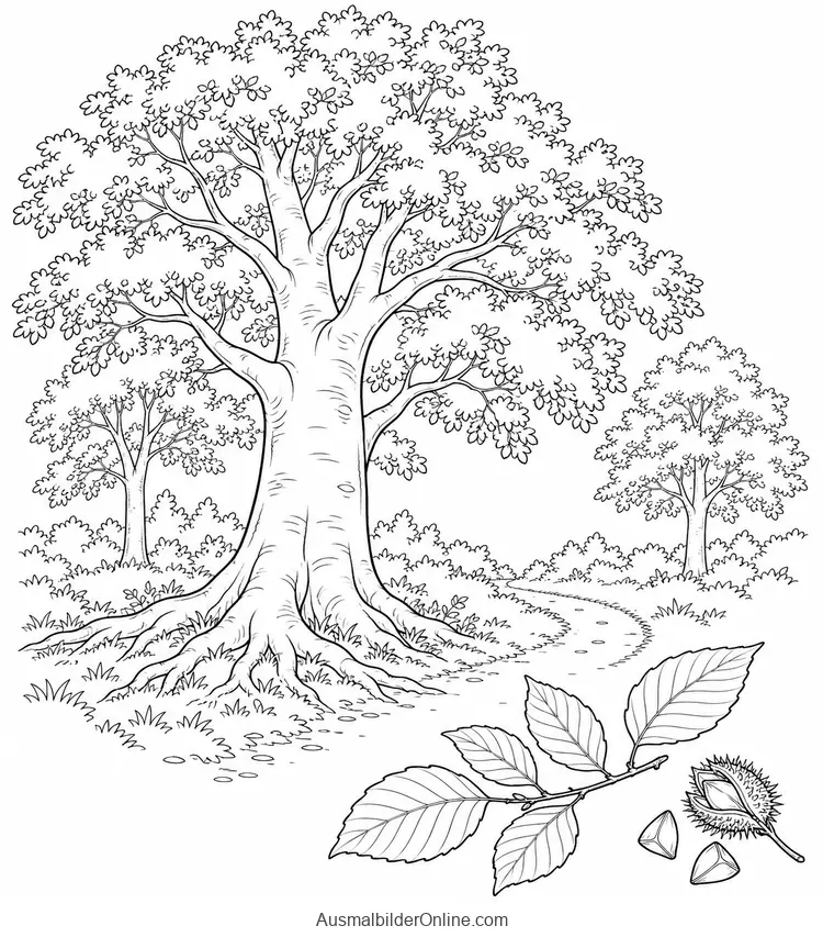 Ein großer Baum mit freiliegenden Wurzeln steht am Waldweg neben einem Buchenzweig und Bucheckern