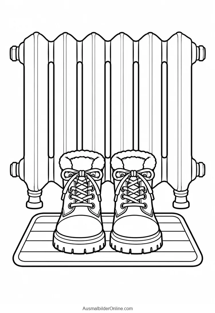Zwei Winterstiefel auf einer Matte unter einem Heizkörper