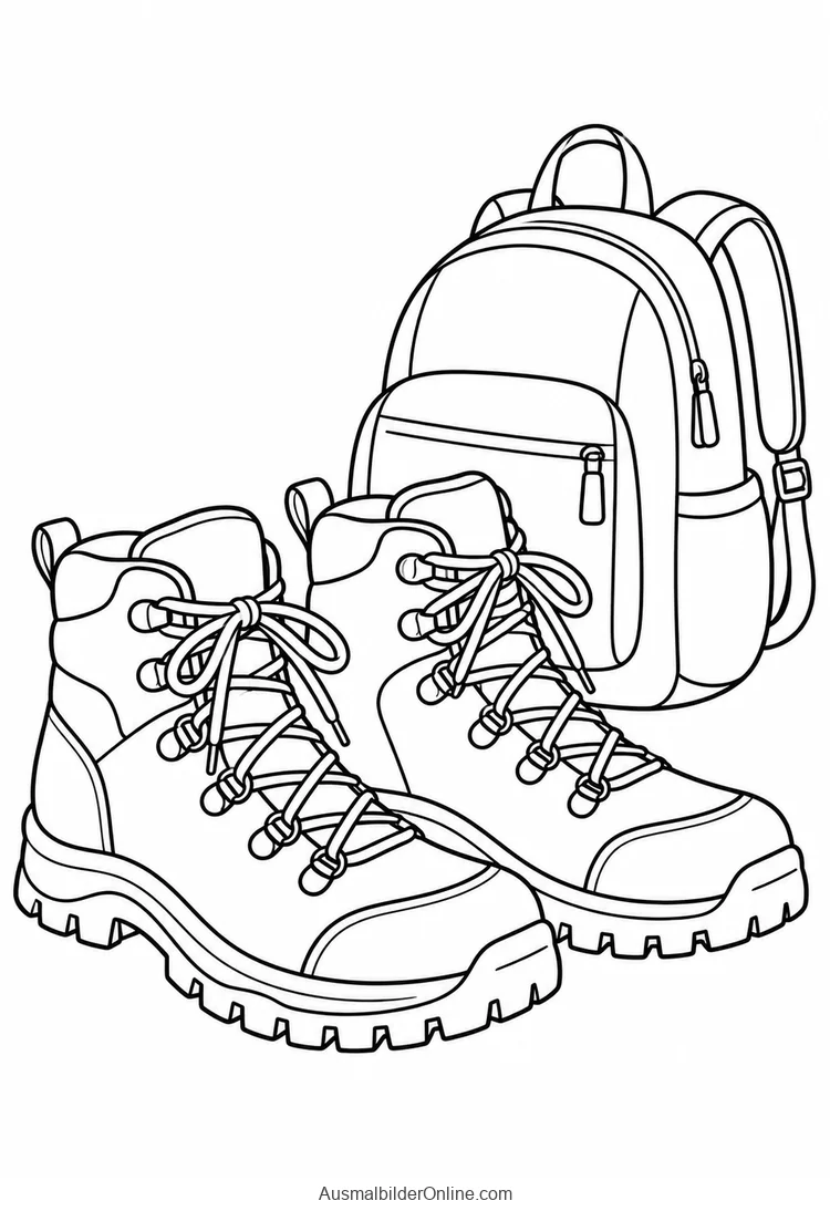 Hohe Wanderstiefel mit Schnürhaken und Profilsohlen neben einem Rucksack