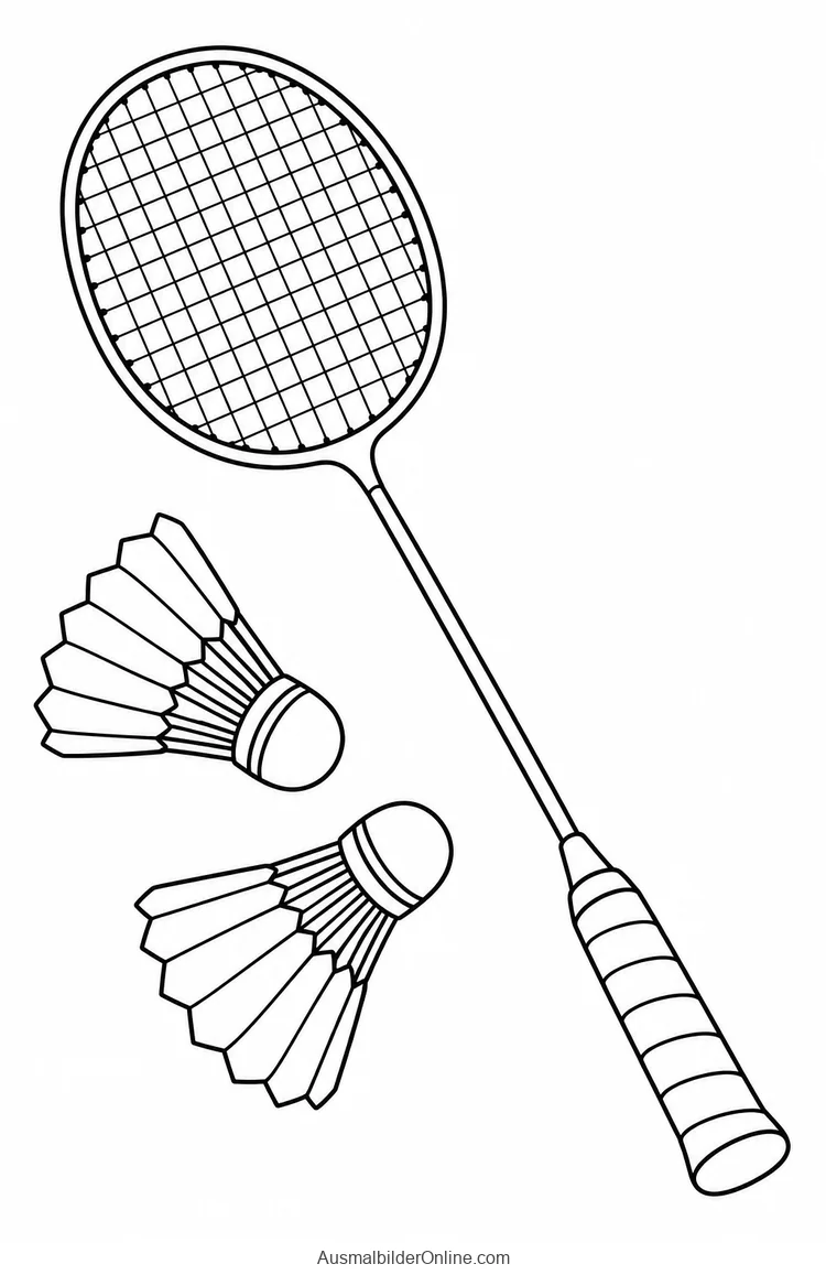 Badmintonschläger mit langem dünnem Schaft neben zwei Federbällen
