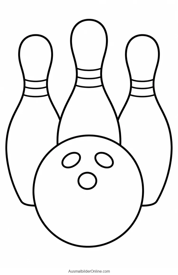 Drei Bowlingkegel hinter einer Bowlingkugel mit drei Fingerlöchern