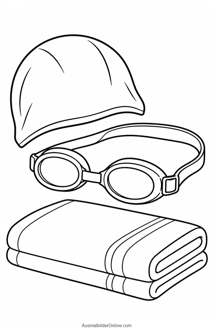 Schwimmbrille neben Badekappe und gefaltetem Handtuch