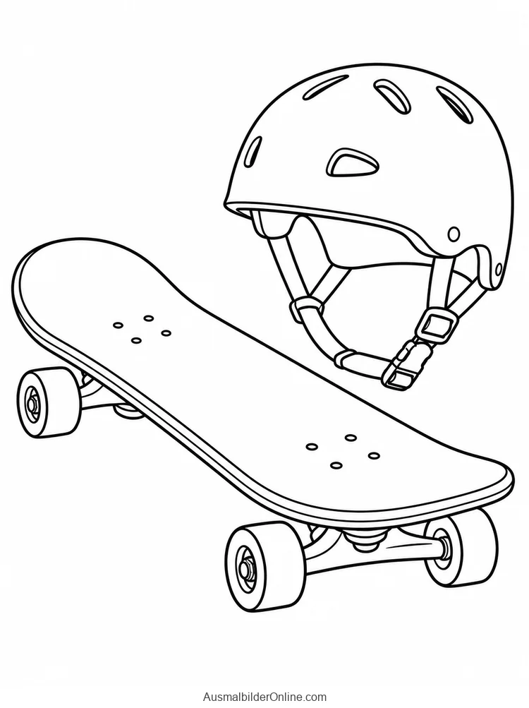Skateboard mit vier Rollen neben einem Schutzhelm