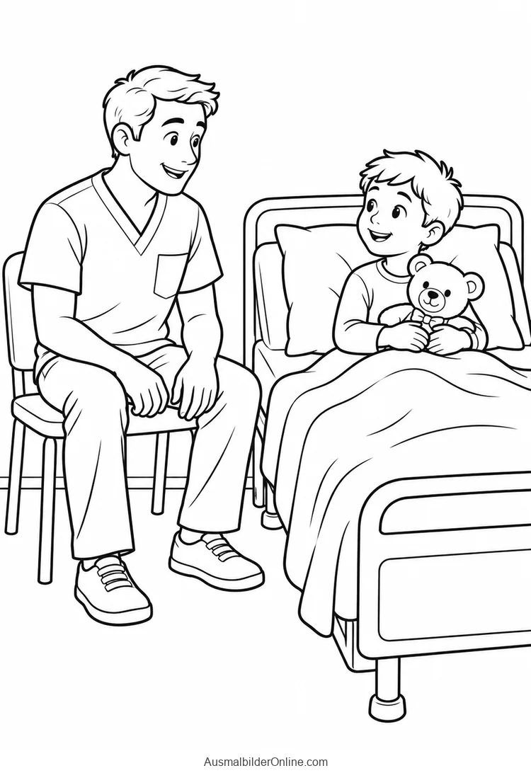 Pflegefachmann sitzt neben einem Kind mit Teddybären im Krankenhausbett