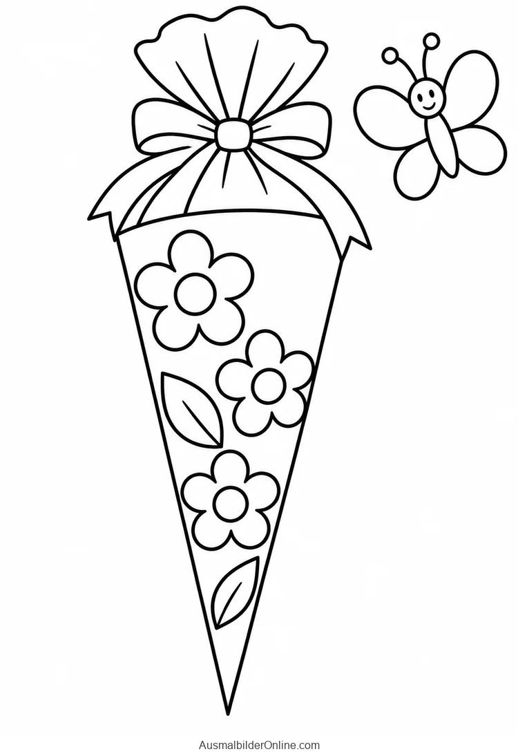 Schultüte mit drei Blumen und zwei Blättern neben einem Schmetterling