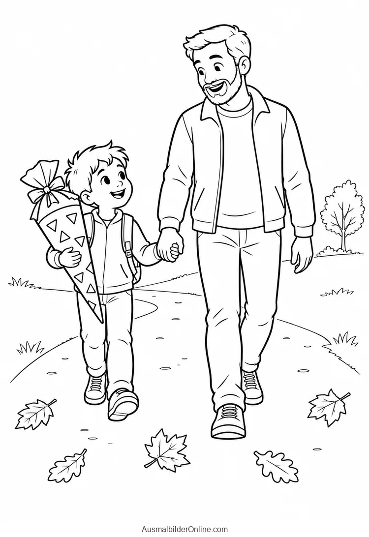 Vater und Sohn gehen Hand in Hand, der Junge trägt Ranzen und Schultüte