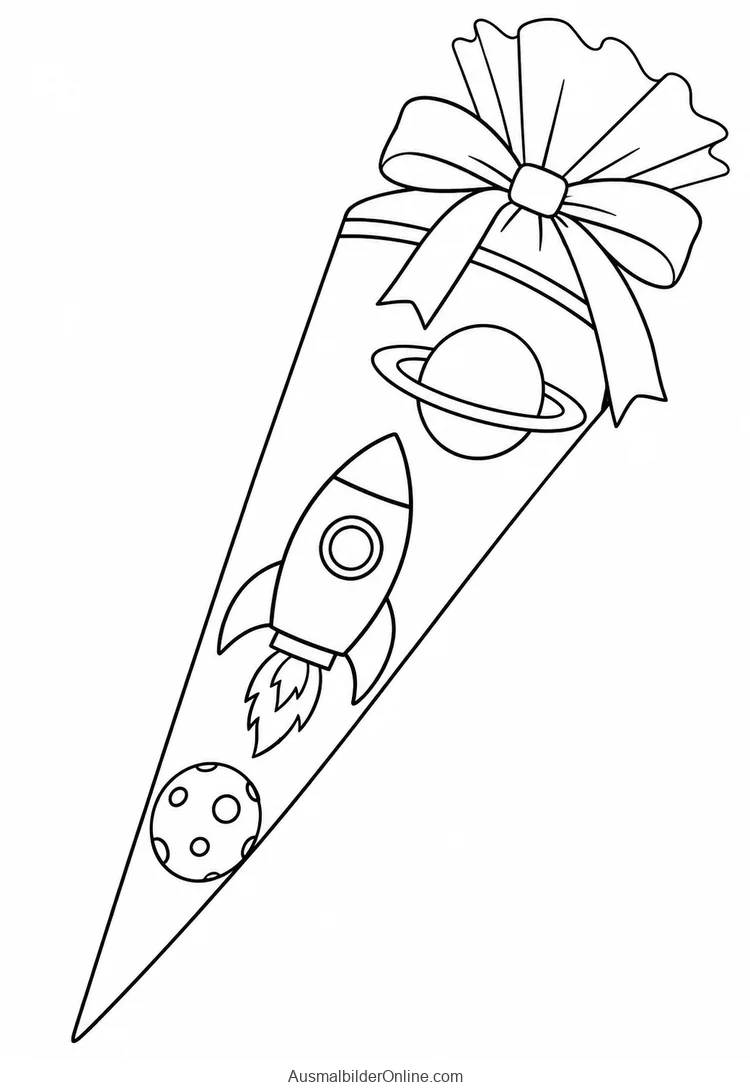 Schultüte mit Rakete, Ringplanet und einem weiteren gemusterten Planeten