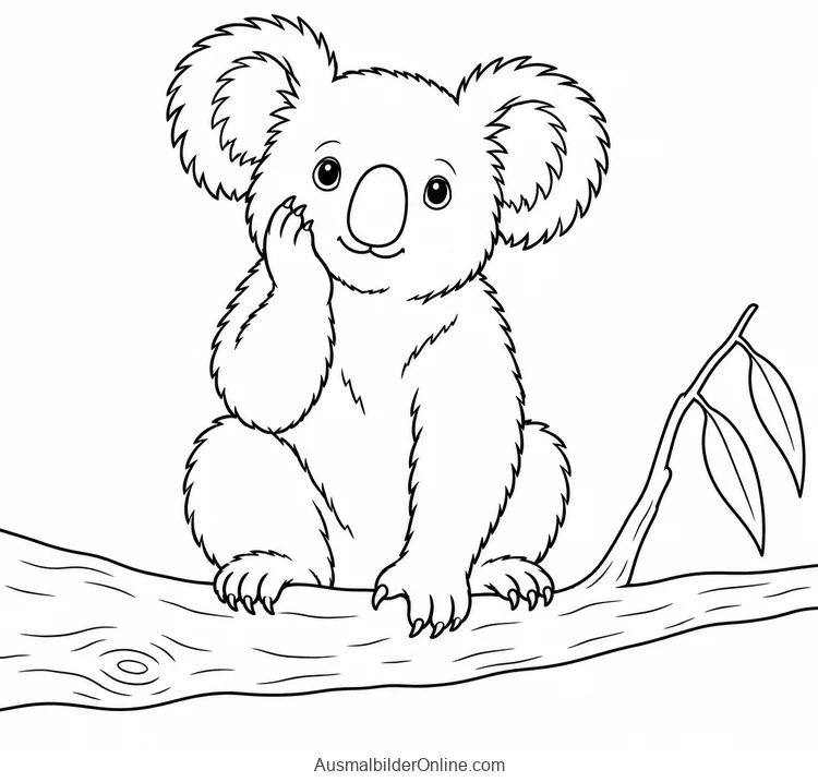 Sitzender Koala berührt seine Wange mit einer Pfote