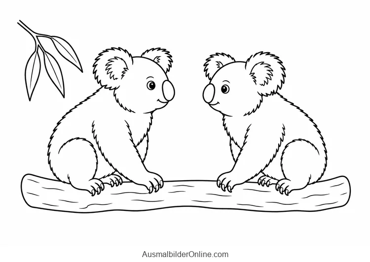 Zwei Koalas sitzen einander zugewandt auf einem waagerechten Ast