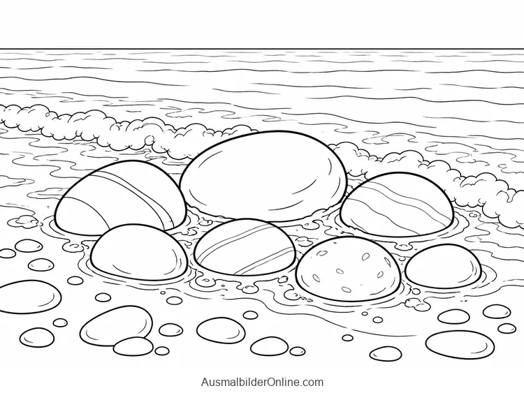 Eine sanfte Welle umspült mehrere runde Kieselsteine am Strand