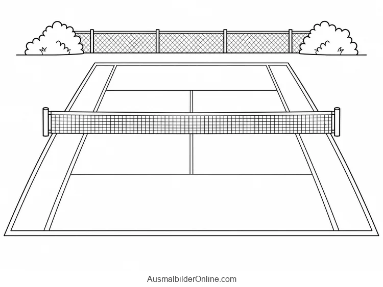 Leerer Tennisplatz mit Netz und Spielfeldlinien