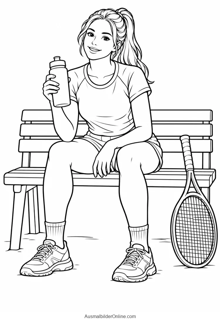 Tennisspielerin sitzt mit einer Wasserflasche auf einer Bank
