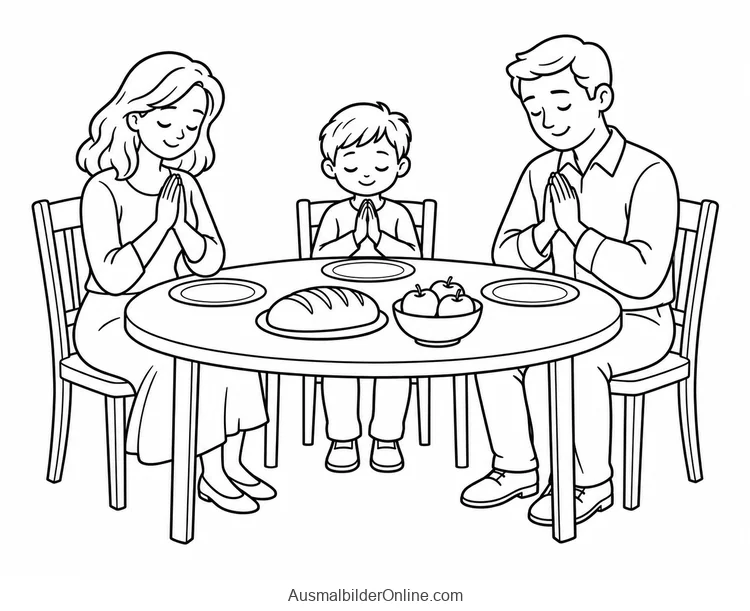 Familie betet gemeinsam vor einem Essen mit Brot und Äpfeln