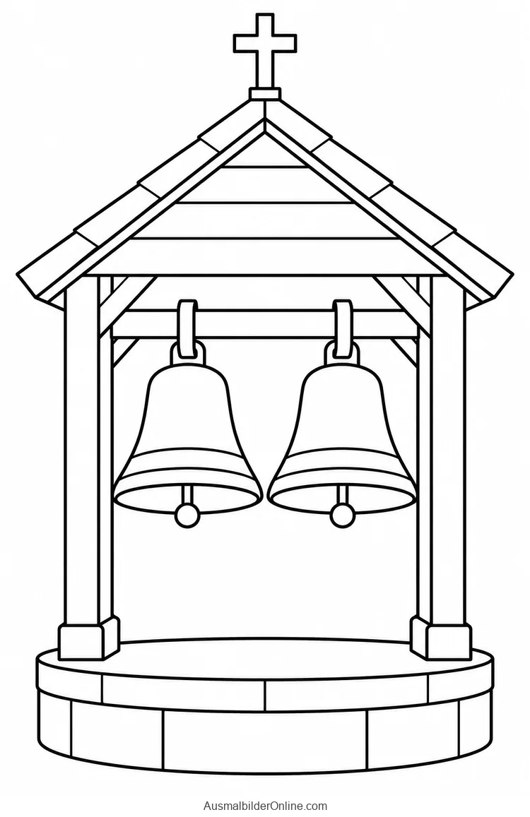 Zwei Glocken hängen in einem Holzgestell mit Dach und Kreuz