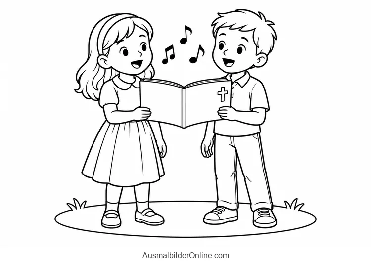 Mädchen und Junge singen aus einem Buch mit Kreuz