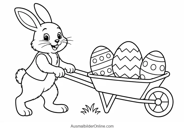 Osterhase schiebt eine Schubkarre mit gemusterten Ostereiern