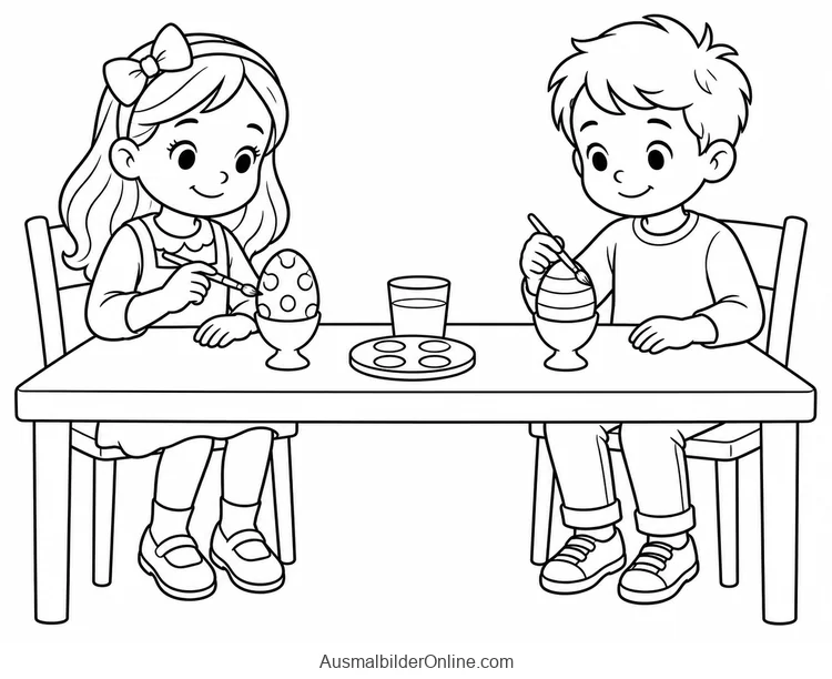 Zwei Kinder bemalen jeweils ein Ei an einem Tisch mit Farbpalette und Wasserglas