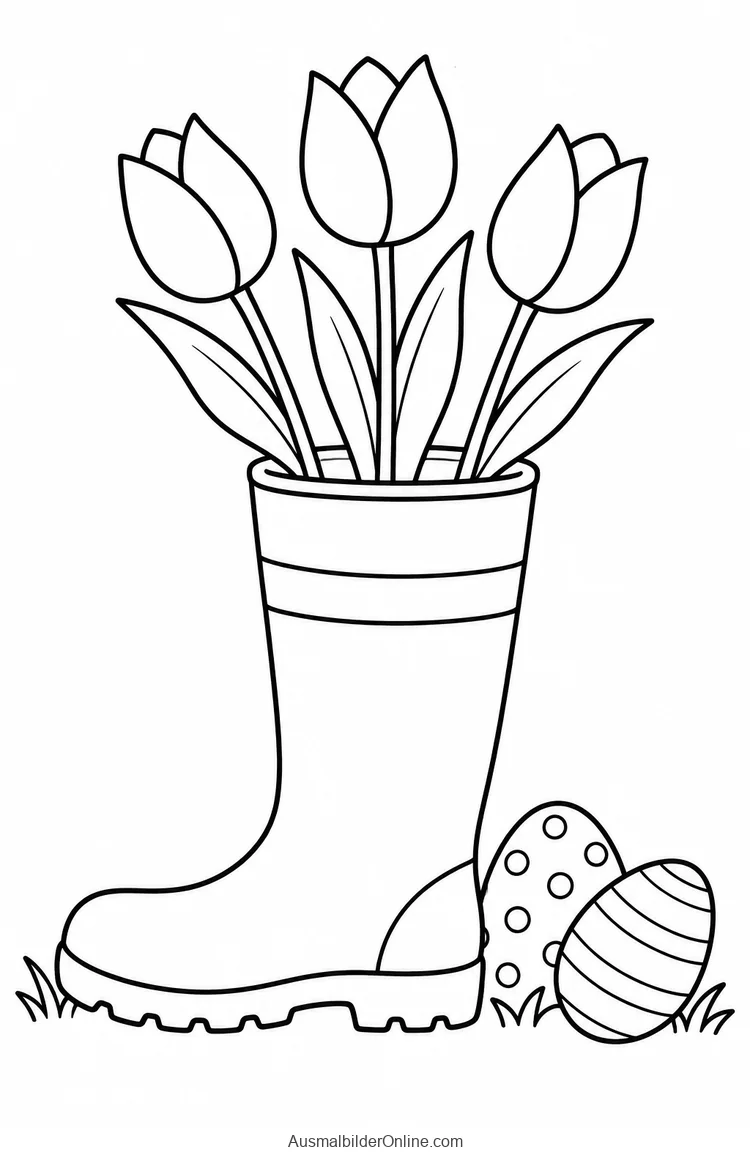 Gummistiefel mit drei Tulpen steht neben zwei gemusterten Ostereiern