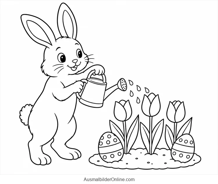 Osterhase gießt drei Tulpen neben zwei gemusterten Ostereiern