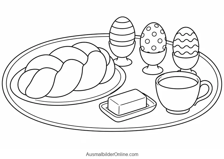 Osterfrühstück mit Hefezopf, drei Eiern in Bechern, Tasse und Butterschale