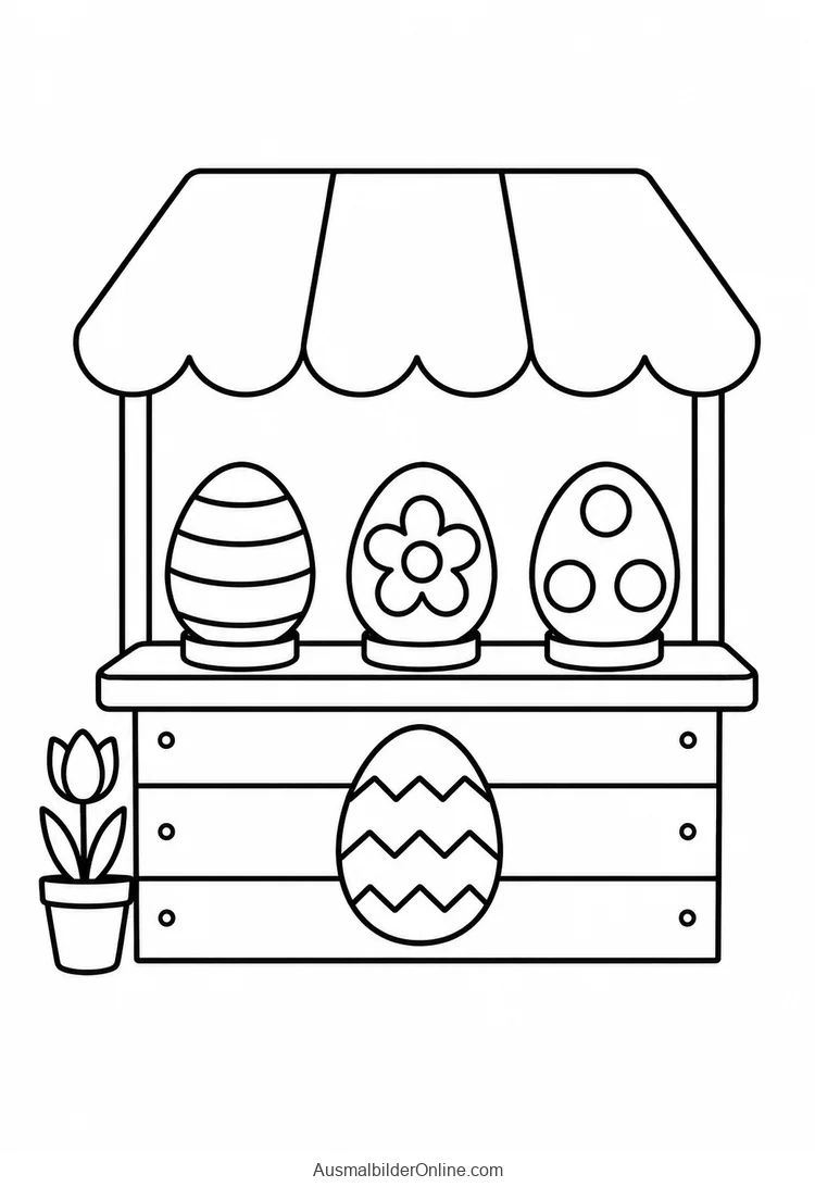 Kleiner Osterstand mit drei gemusterten Eiern, flachem Eimotiv und Tulpe im Topf