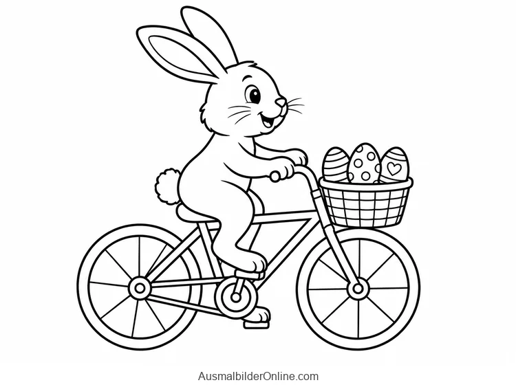 Osterhase fährt auf einem Fahrrad mit drei Ostereiern im Korb