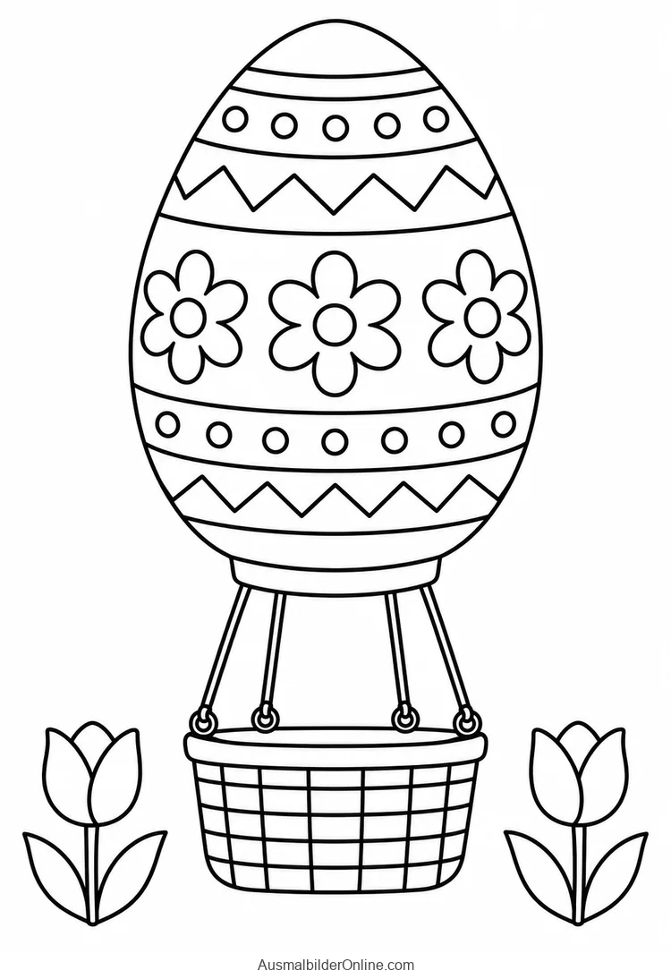 Eiförmiger Heißluftballon mit Blumenmustern, vier Seilen und leerem Korb schwebt über zwei Tulpen