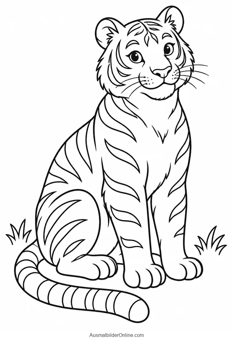 Sitzender Tiger mit großen umrandeten Streifen und gebogenem Schwanz