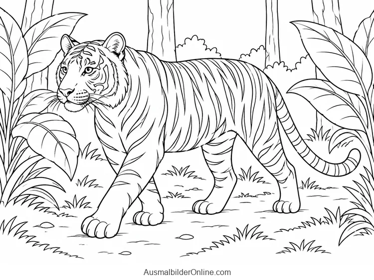 Tiger läuft auf vier Pfoten auf einem Waldpfad zwischen großen Blättern