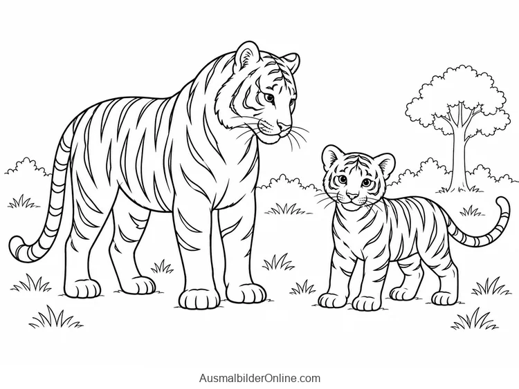 Tigerin steht neben einem kleinen Jungtier am Waldrand