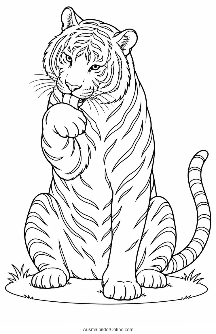 Sitzende Tigerin leckt eine angehobene Vorderpfote