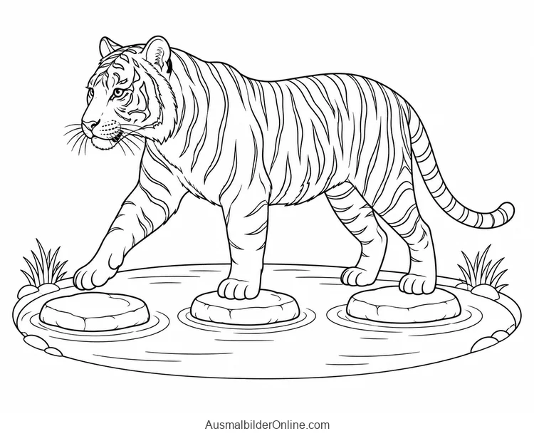 Tiger tritt über drei flache Steine in einem kleinen Bach