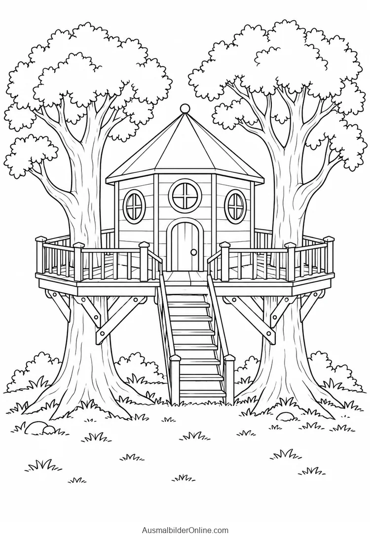 Vieleckiges Baumhaus mit runden Fenstern zwischen zwei Bäumen und einer Treppe