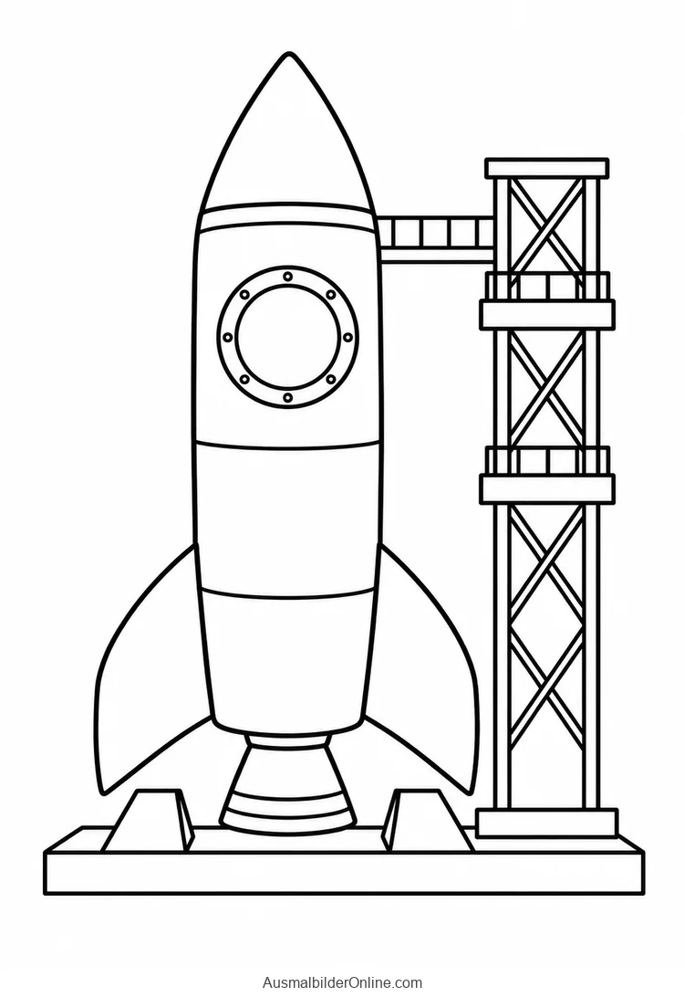 Rakete mit rundem Fenster auf einer Startplattform neben einem hohen Gitterturm