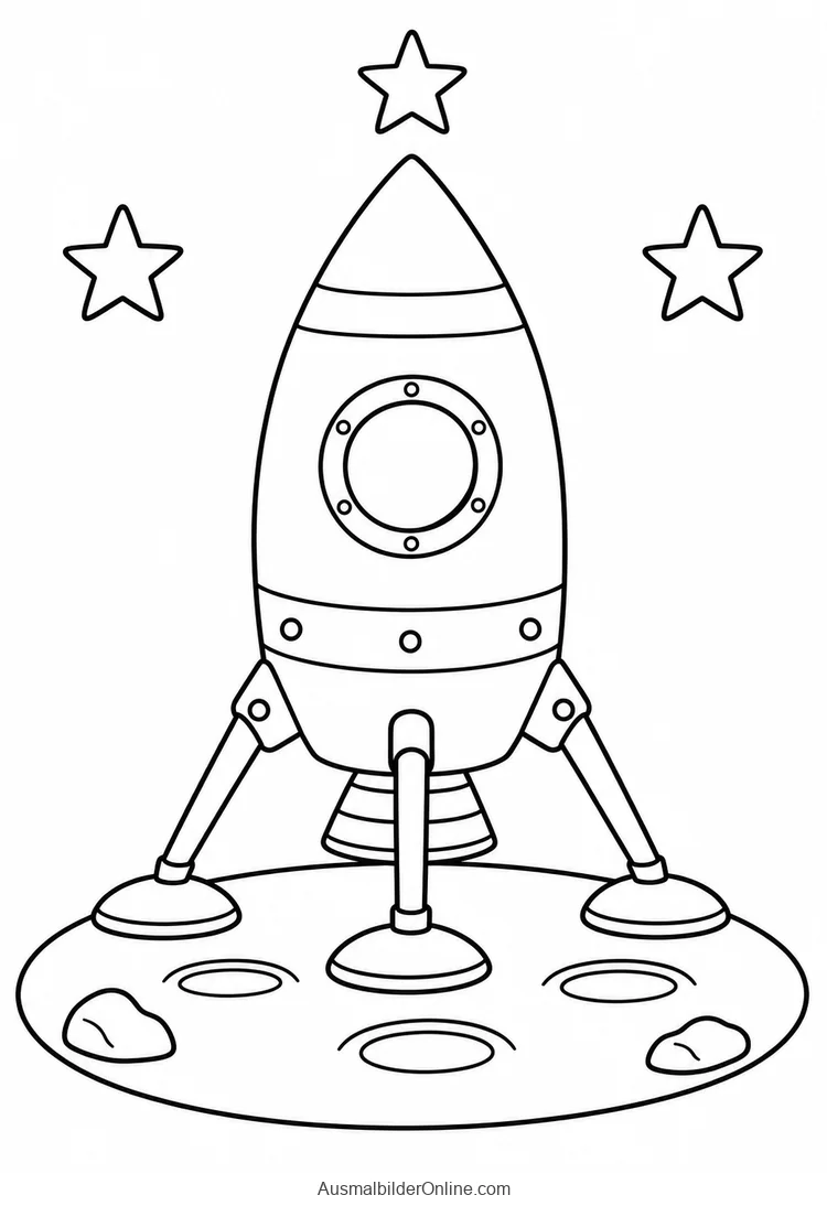 Rakete mit drei Landebeinen auf einer Mondfläche mit Kratern unter drei Sternen