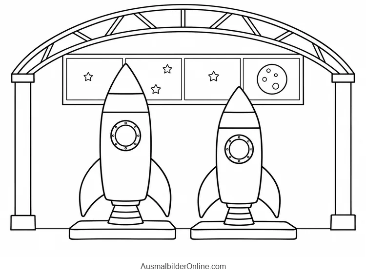 Zwei unterschiedlich große Raketen auf Podesten unter einem gebogenen Ausstellungsdach