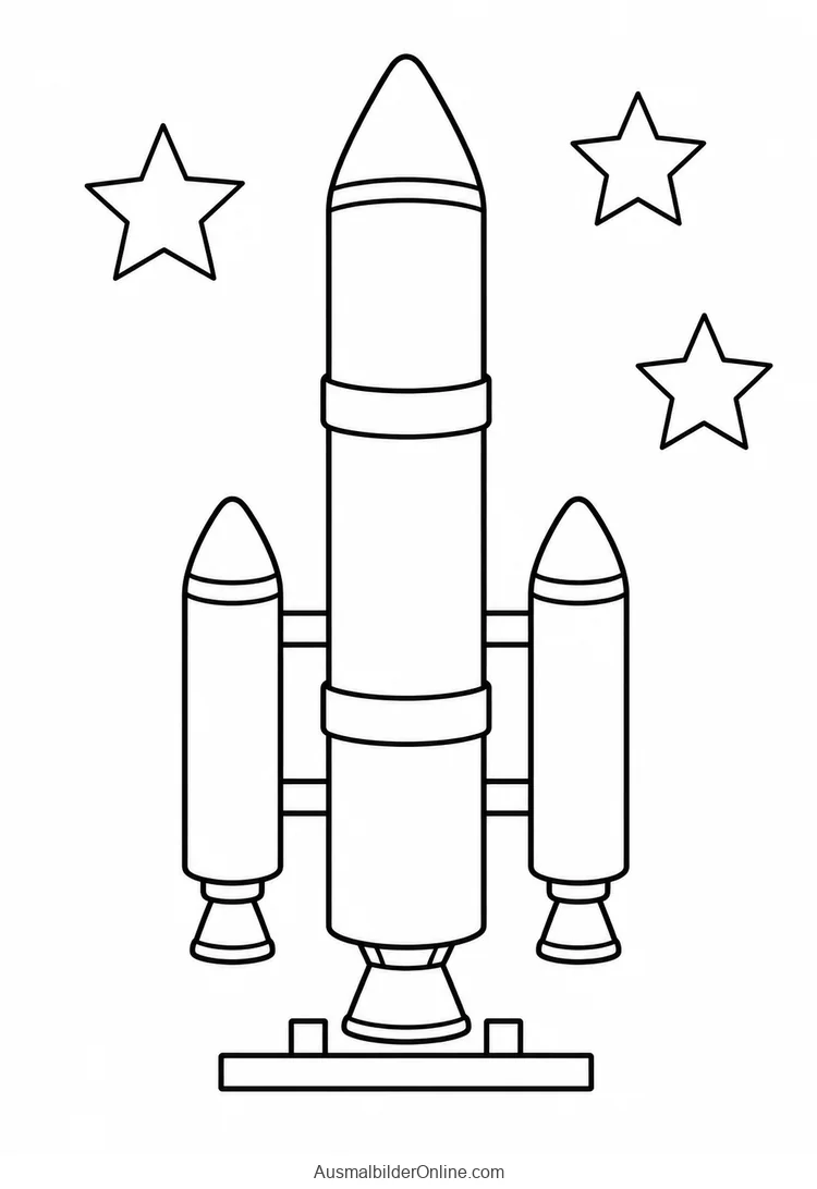 Hohe Rakete mit zwei seitlichen Boostern und drei Düsen über einer kleinen Startbasis