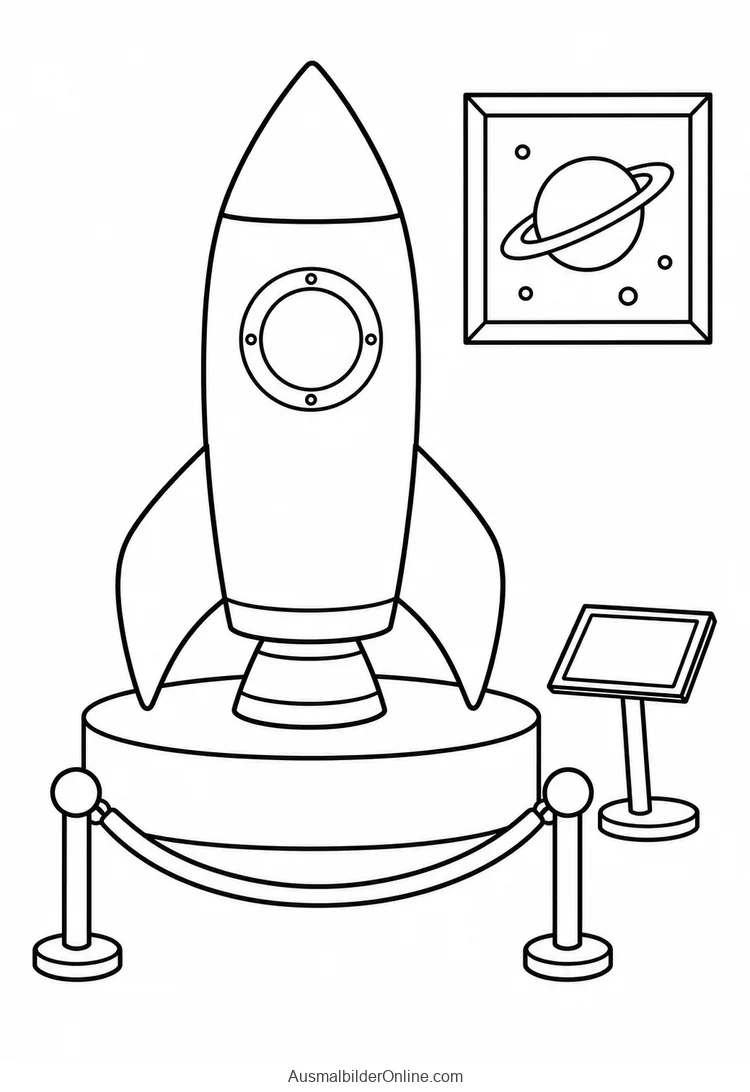 Raketenmodell auf einem runden Museumspodest hinter einer Seilabsperrung neben einer leeren Informationstafel