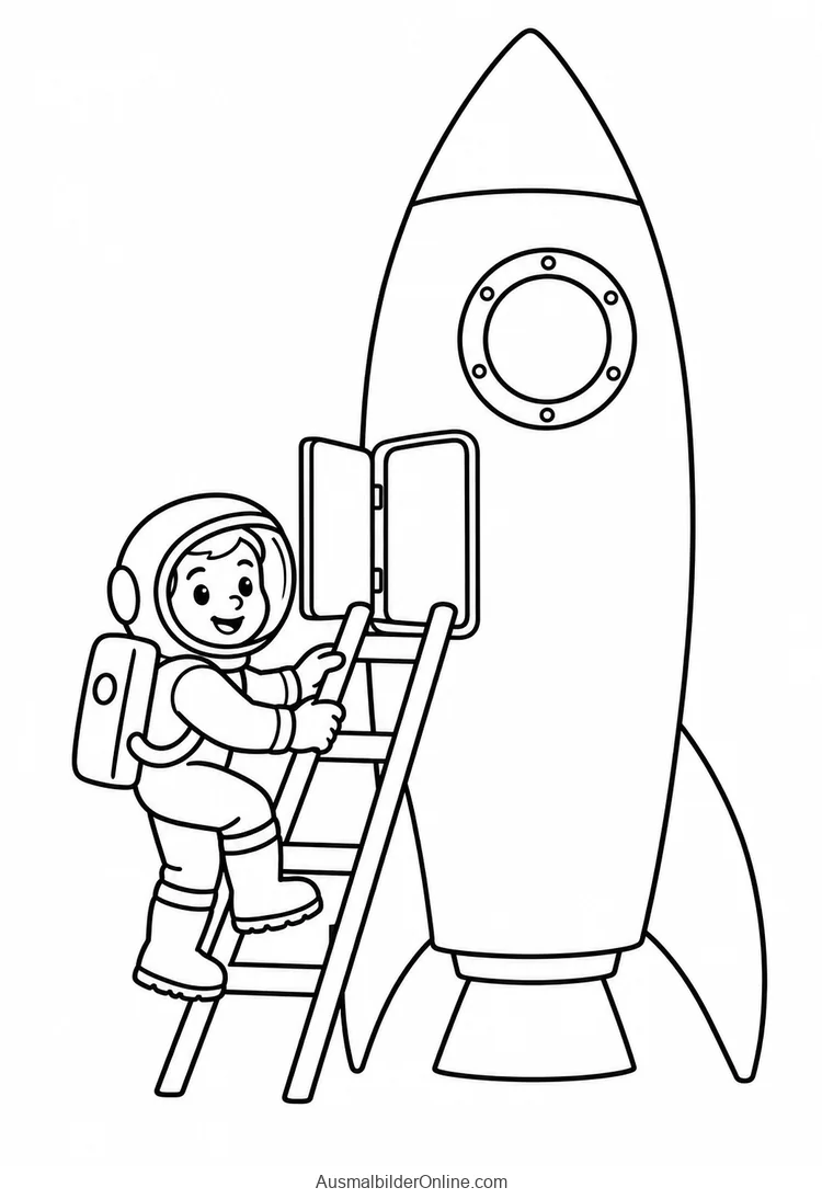 Kleiner Astronaut mit Helm und Rucksack steigt auf einer Leiter zur offenen Raketentür