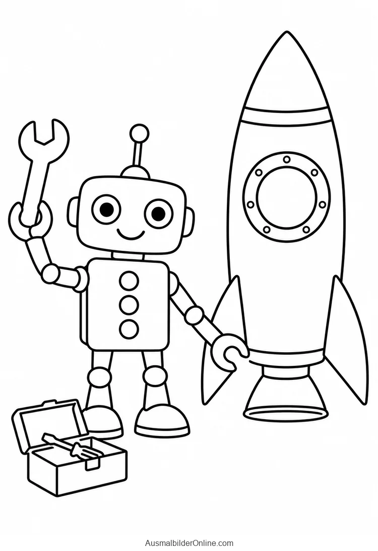Freundlicher Roboter hält einen Schraubenschlüssel neben einer Rakete und einer offenen Werkzeugkiste