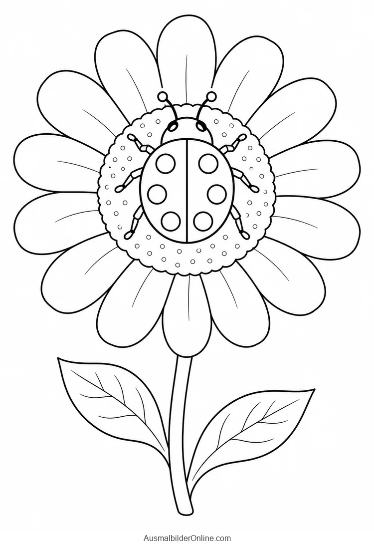 Marienkäfer auf einer großen Gänseblümchenblüte mit Stängel und zwei Blättern