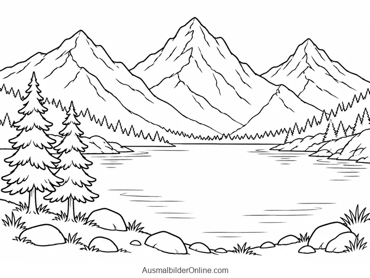 Ein stiller Bergsee liegt zwischen hohen Gipfeln und Tannen am Ufer