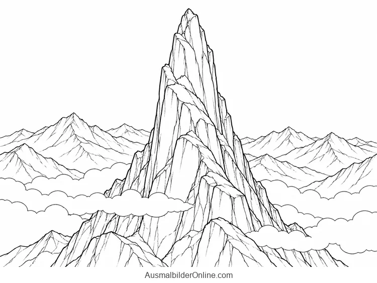 Eine einzelne steile Felsspitze ragt über einem schmalen Wolkenband zwischen niedrigeren Bergkämmen auf